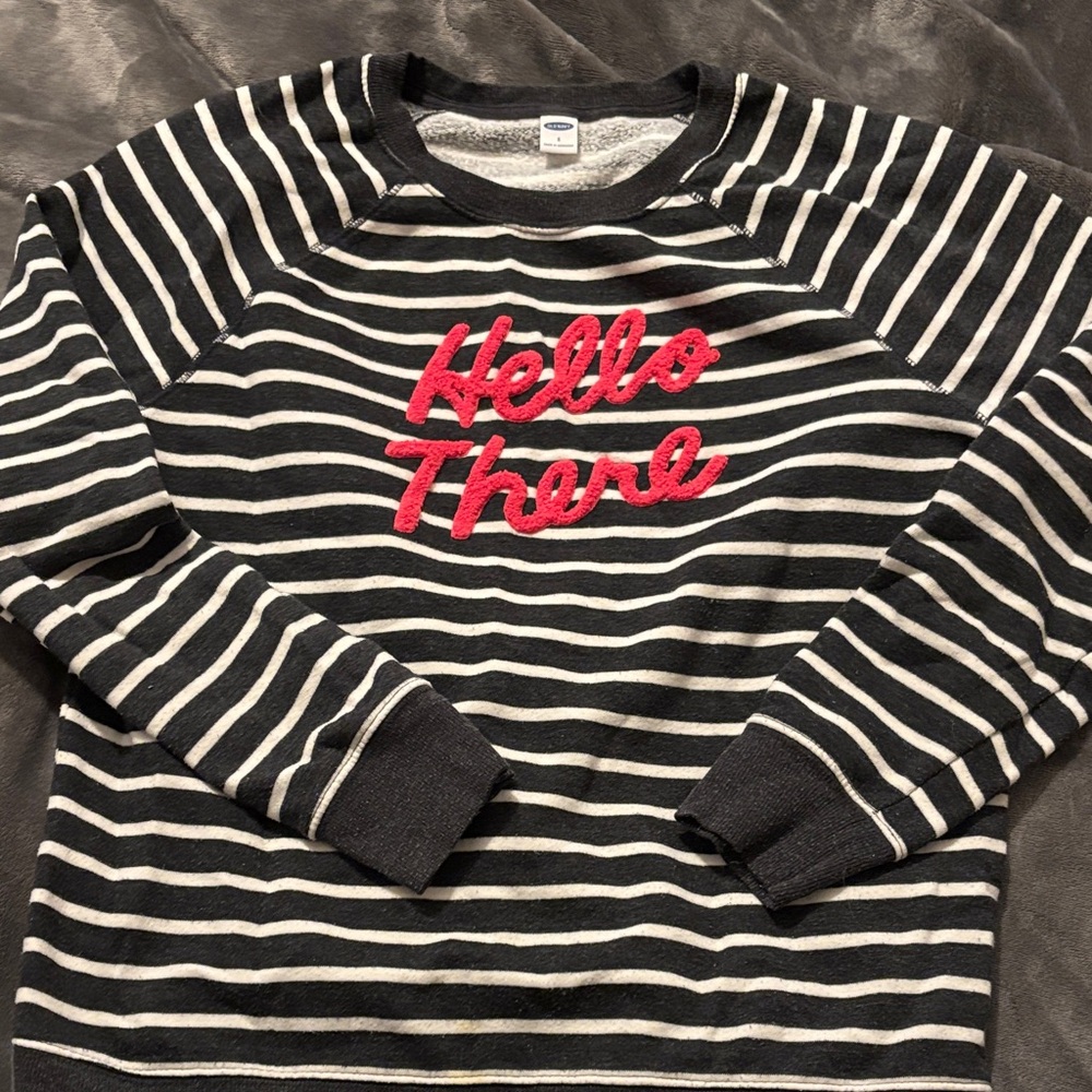 Old Navy Gray and White Striped Sweater with Pink Text